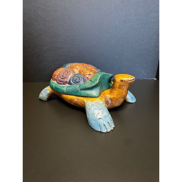 Hand-Carved & Painted Wooden Turtle Trinket Box Sea Ocean Beach Decor - Picture 4 of 16